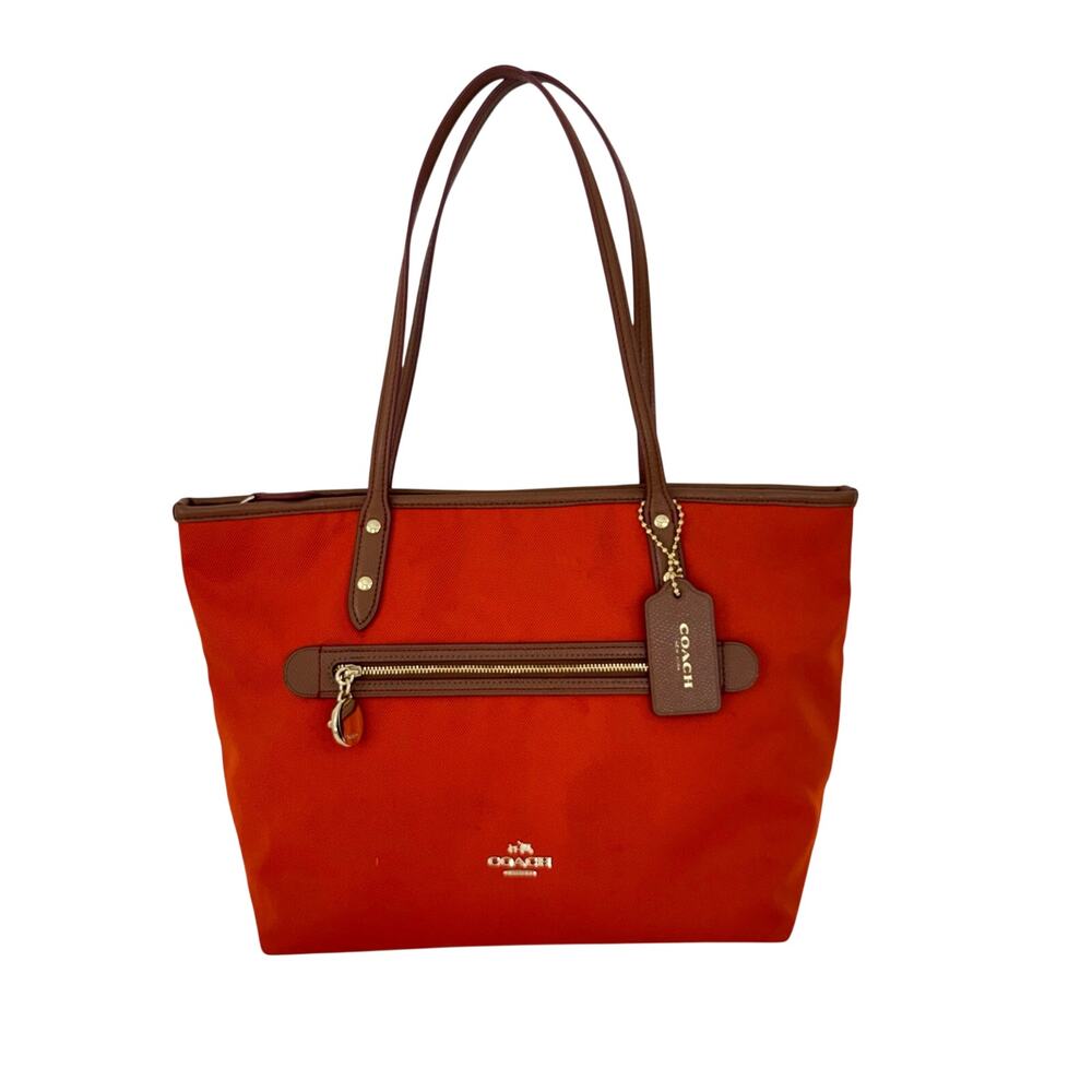 Coach Sawyer Tote Bag in Orange with Brown Leather Trim F37237